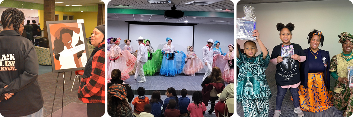 Photo collage of different cultural programs: two from Wakanda Night showing people looking at an art piece an a group of attendees holding prizes; middle photo is from an Hispanic Heritage Month even showing people in traditional dress in front of an audience