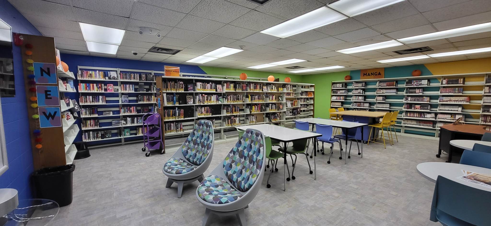 The SHPL Teen Room showing colorful chairs, tables, and materials on shelves