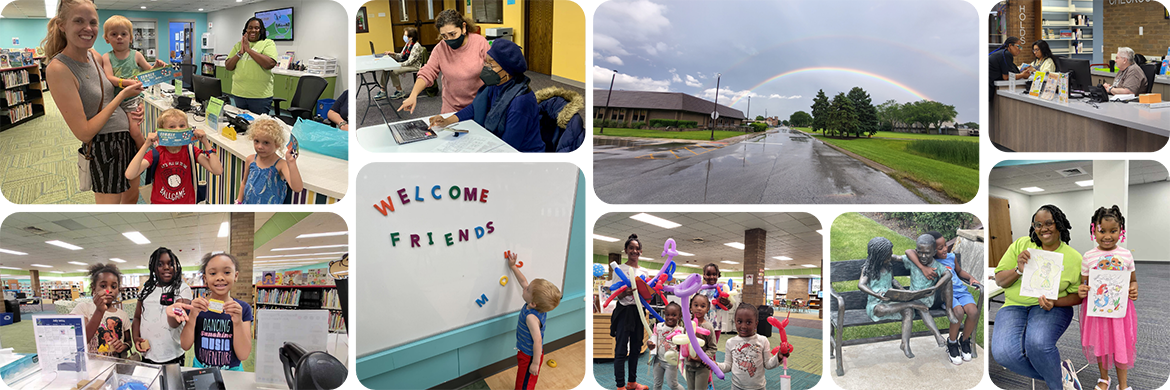 Photo collage showing different patrons of all ages inside the library