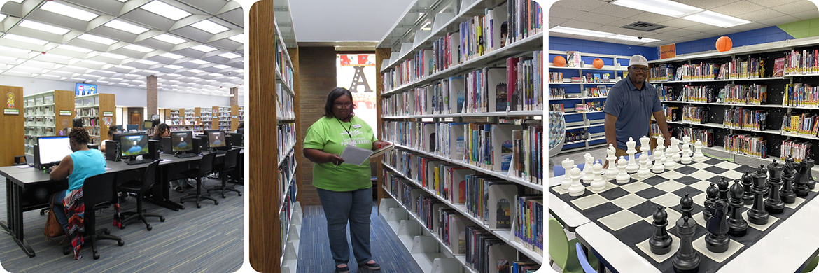 Photo collage of three photos: first image shows people using the library's computers, second image shows woman standing in the bookstacks, and third shows a man posing behind the large chess board