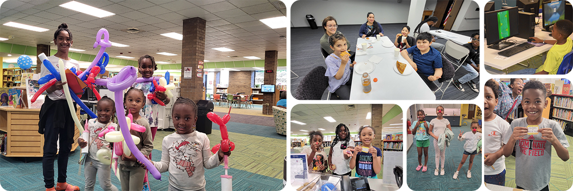 Photo collage of children of all different ages enjoying the activities in the library