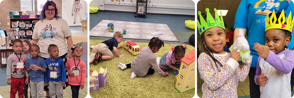 Collage of three images: first image shows four children with a librarian, the second showing two toddler girls and a toddler boy playing with the toys in the library, and the third showing two girls with paper crowns smiling