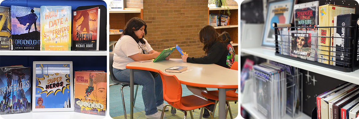 Photo collage of three photos: first showing a display of comic books, second showing two teen girls studying in the library, and third showing a display of games