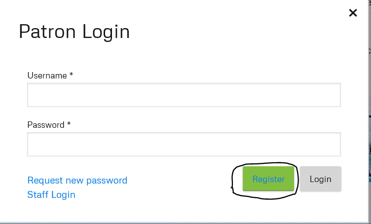 Registration button is to the left of the patron login button