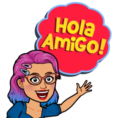 Latina Woman with purple and blue hair smiling and saying Hola Amigo in comment bubble