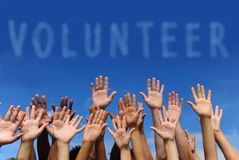 A row of raised hands under a blue sky and the word volunteer