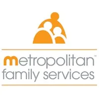 Metropolitan Family Services Logo, outline of three people in orange and white over the words metropolitan family services.