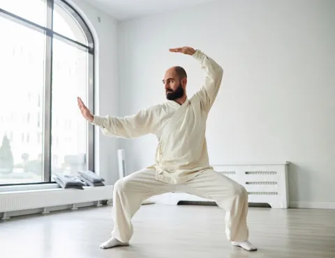 A Male performing Qigong in a spacious room near a window.