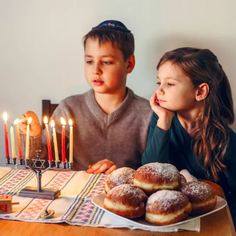 children lighting a menorrah