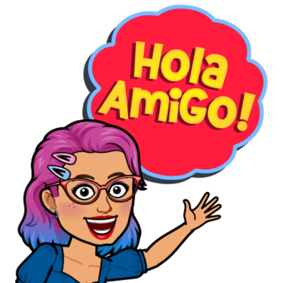 Latina Woman with purple and blue hair smiling and saying Hola Amigo in comment bubble