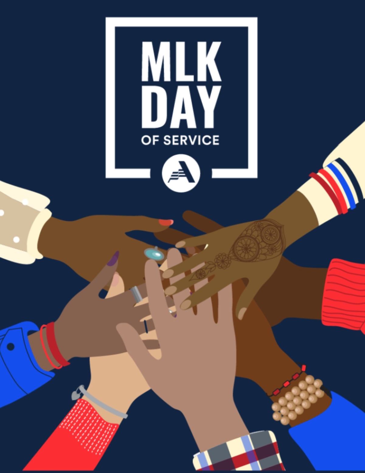 Drawing of many hands in the center of a circle under the words MLK Day of Service