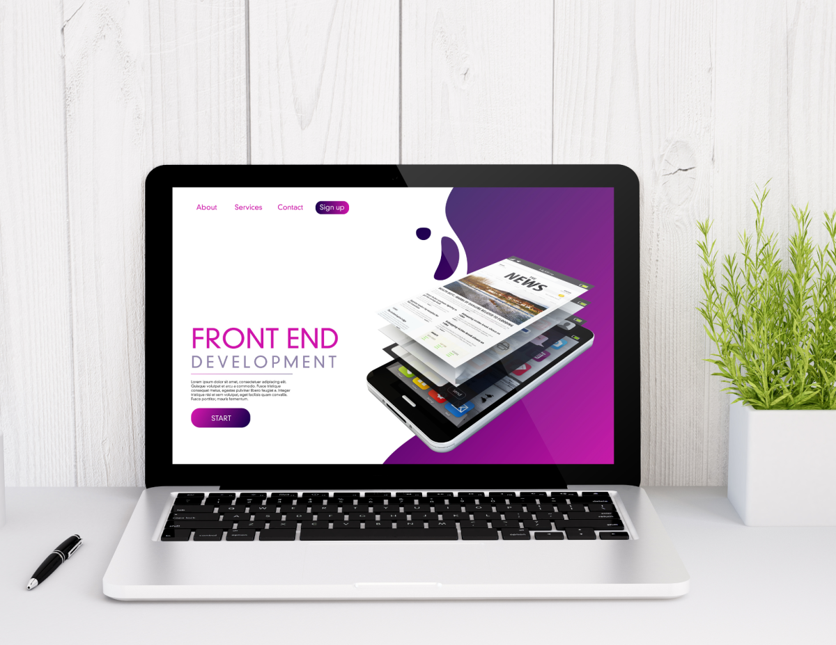 There is a laptop with a screen that says, "Front End Development"